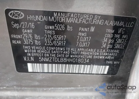 2017 Hyundai Santa Fe Sport 2.4L from USA, damaged, VIN 5NMZTDLB8HH018034